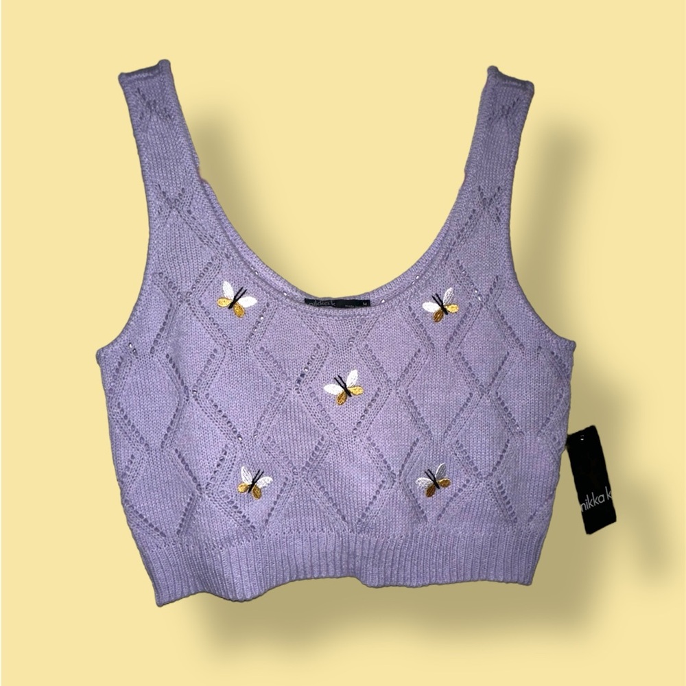 Lilac Knit Crop Top with Butterfly Embroidery